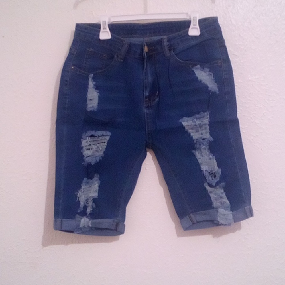 Women's Blue Distressed Bermuda Shorts